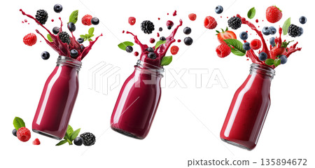 Vibrant berry smoothie splashing from glass bottle, surrounded by fresh fruits and mint, isolated on white background 135894672