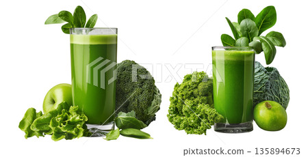 Fresh green smoothie in glass surrounded by lettuce, cucumber, spinach, and apple, isolated on white background 135894673