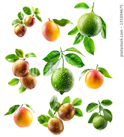 Set of golden plums, lime and mango with dew drops, leaves isolated on a white transparent background. Set of golden plums, lime and mango with dew drops, leaves isolated on a white transparent background. 135894675