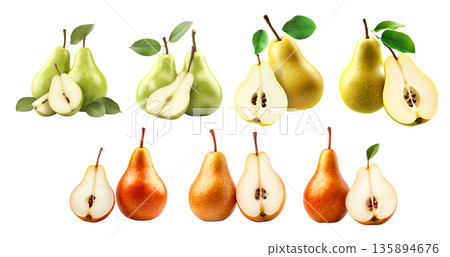 Set of ripe pear and sliced half with visible seeds and green leaf isolated on white transparent background 135894676