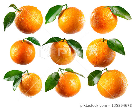 Set of orange with water droplets represents natural, vibrant citrus goodness isolated on a white transparent background 135894678