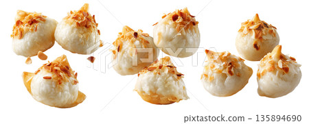 Banana coconut rice balls topped with toasted almonds, isolated on white background, concept of Micronesia Asian dessert 135894690