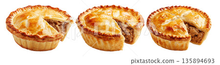 Australia meat pie with minced beef and gravy and crisp flaky crust isolated on white background. Concept of homemade comfort food 135894693
