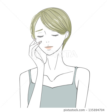 A blonde woman with her eyes closed and her hand on her right cheek A blonde woman with her eyes closed and her hand on her right cheek 135894704