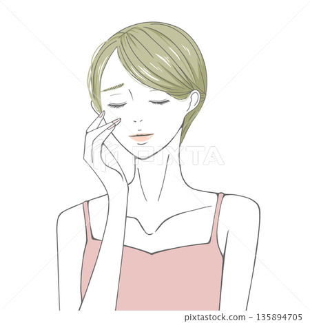 A blonde woman with her eyes closed and her hand on her right cheek A blonde woman with her eyes closed and her hand on her right cheek 135894705
