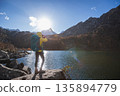 Backpacking woman taking photo with a digital camera on autumn high altitude mountain top 135894779