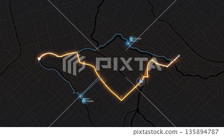 Dark city map navigation showing glowing orange main path and alternative blue dotted routes with travel time estimates. Vector illustration. 135894787