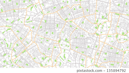 City top view. View from above the map buildings. View from above the map buildings. Detailed view of city. Decorative graphic tourist map. Abstract transportation background. Vector, illustration. 135894792