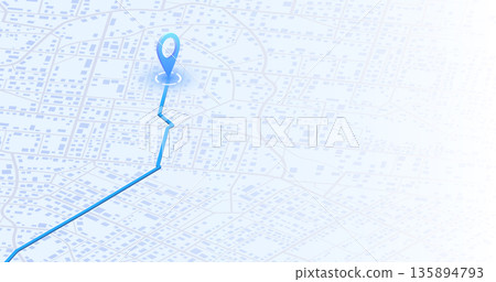 Isometric city map with navigation route and destination marker on light blue street plan. Vector illustration. Isometric city map with navigation route and destination marker on light blue street plan. Vector illustration. 135894793