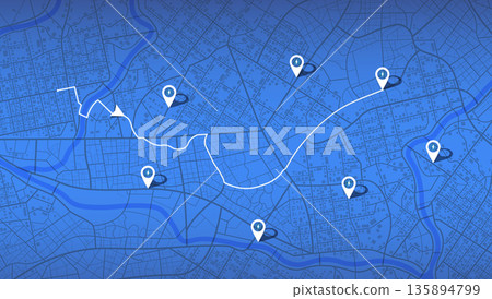 City map with route path and electric vehicle charging station pins. GPS navigation concept with lightning bolt markers. Vector illustration. 135894799
