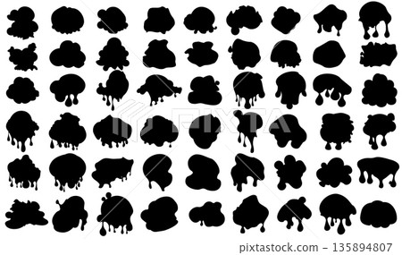 Abstract artistic ink splatter paint splatter, drops, dots, wet dye prints. Big set of black watercolor paint brush texture. Grunge water, spray drop spatter, blot splatters, silhouettes. Vector 135894807