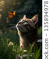 Curious Tabby Cat Watching a Butterfly in a Sunlit Spring Garden with Daisy Flowers. Cinematic Backlit Lighting, Low Angle Shot of Pet Interacting with Nature in Golden Hour. 135894978