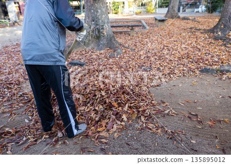 一名男子正在清理公園裡滿是落葉的地面。 135895012
