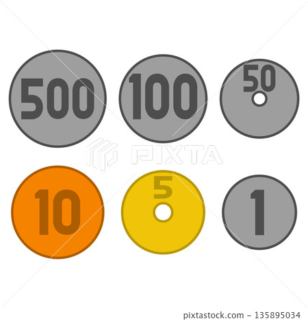 一套六枚日本硬幣（貨幣）的簡單圖示 135895034
