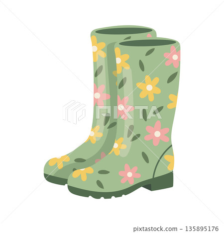 Green rubber garden boots with floral pattern. Wellington boots vector illustration Green rubber garden boots with floral pattern. Wellington boots vector illustration 135895176