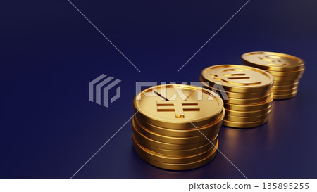Gold coins and margins focused on the foreground circle on a navy background. Image of reliable Japanese yen investment, financial business, and stable management. Gold coins and margins focused on the foreground circle on a navy background. Image of reliable Japanese yen investment, financial business, and stable management. 135895255