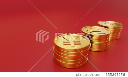 Gold coins and margins focused on the circle in the foreground on a red background. Image of proactive investment in Japanese stocks, financial luck, and measures to counter the weak yen. Gold coins and margins focused on the circle in the foreground on a red background. Image of proactive investment in Japanese stocks, financial luck, and measures to counter the weak yen. 135895256