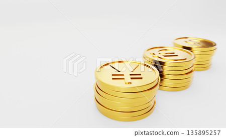 畫面前景圓圈聚焦在白色背景上，右側留白處為金幣。此圖象徵資產累積、分期投資和日圓家庭管理。 135895257