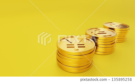 金色硬幣和金邊聚焦在黃色背景的前景圓圈。這幅圖像象徵著繁榮、好運和日元資產的正面成長。 135895258