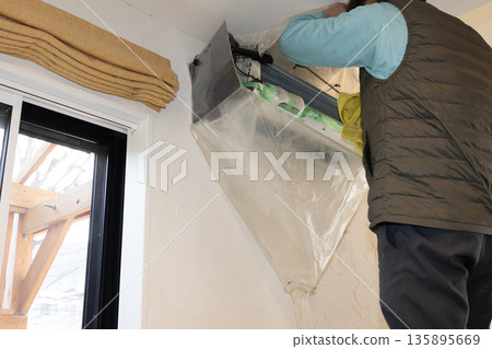 After removing and protecting parts during air conditioner cleaning 135895669