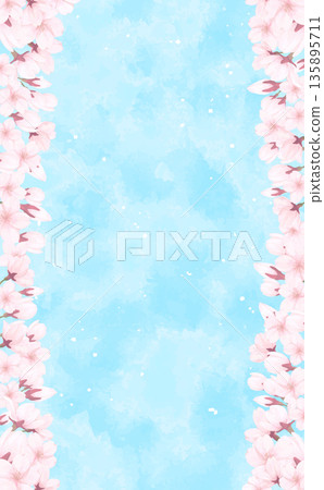Hand-drawn cherry blossom left and right frame_blue sky background_vertical Hand-drawn cherry blossom left and right frame_blue sky background_vertical 135895711