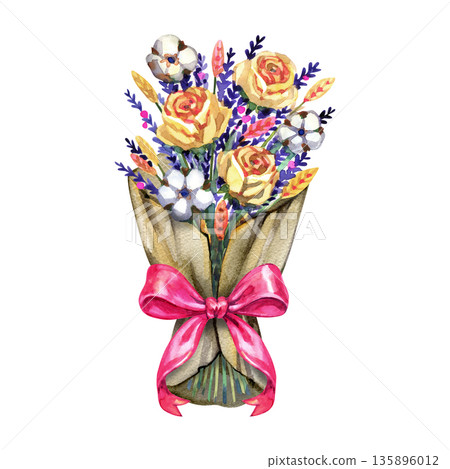 Delicate watercolor bouquet of yellow roses and lavender wrapped in brown kraft paper with a bright pink silk bow. This hand-painted rustic floral arrangement features soft botanical textures and Delicate watercolor bouquet of yellow roses and lavender wrapped in brown kraft paper with a bright pink silk bow. This hand-painted rustic floral arrangement features soft botanical textures and 135896012