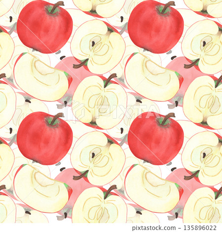 Illustration of an apple, slice, and half, hand-drawn watercolor fruit seamless pattern. Ripe realistic seasonal fruit. 135896022
