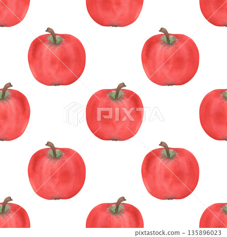 Illustration of an apple, slice, and half, hand-drawn watercolor fruit seamless pattern. Ripe realistic seasonal fruit. 135896023