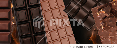 Assorted chocolate bars composition on dark background 135896082