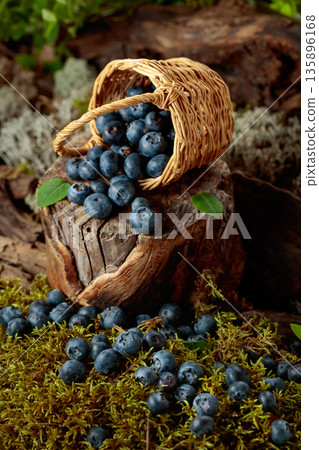 Small wicker basket filled with ripe blueberries. 135896168