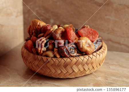 Mix of dried fruits and nuts. Mix of dried fruits and nuts. 135896177