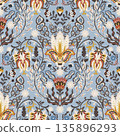 Blue Folk Baroque Floral Damask Print 135896293