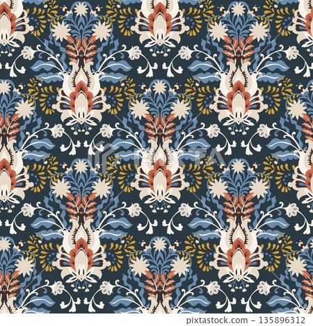 Folk Damask Floral Ornament Wallpaper Print 135896312