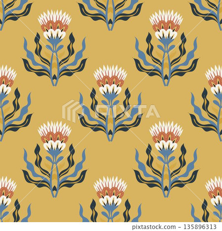 Retro Folk Floral Motif Textile Print Retro Folk Floral Motif Textile Print 135896313