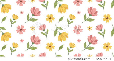 Cute spring floral seamless pattern with yellow and pink flowers. Vector nature background Cute spring floral seamless pattern with yellow and pink flowers. Vector nature background 135896324