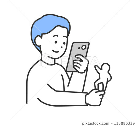 向量圖:一名男子用智慧型手機拍攝壓克力支架的照片。 向量圖:一名男子用智慧型手機拍攝壓克力支架的照片。 135896339