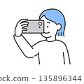 向量圖，描繪了一位女士用智慧型手機拍照的場景。 135896344