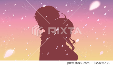 背靠背的男女,櫻花暴雨,日落,剪影 背靠背的男女,櫻花暴雨,日落,剪影 135896370