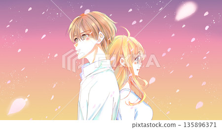 Back-to-back man and woman, cherry blossom storm, dusk 135896371