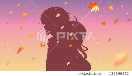 Man and woman standing back to back, autumn leaves, autumn, sunset 135896372