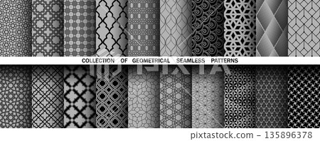 Geometric set of seamless black and gray patterns. Simple vector graphics 135896378