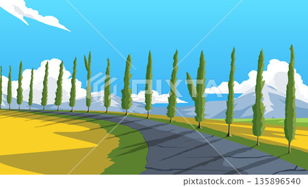 Scenic countryside asphalt road winding through green fields. With tall cypress trees and majestic mountain range under a blue sky with white clouds in modern flat design style for nature background. Scenic countryside asphalt road winding through green fields. With tall cypress trees and majestic mountain range under a blue sky with white clouds in modern flat design style for nature background. 135896540
