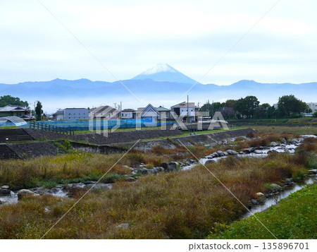 Mount Fuji and the sea of clouds seen from the river Mount Fuji and the sea of clouds seen from the river 135896701