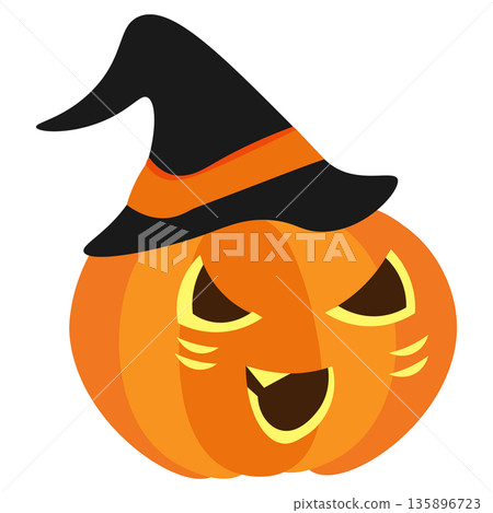 Illustration of a jack-o'-lantern character wearing a witch's hat 135896723