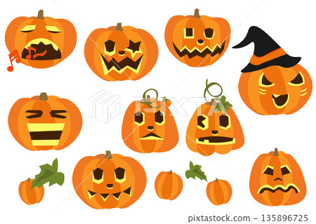 Illustration set of jack-o'-lanterns with various expressions 135896725