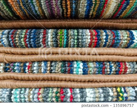 Colorful Striped Carpet Samples with Brown Bound Edges Colorful Striped Carpet Samples with Brown Bound Edges 135896757