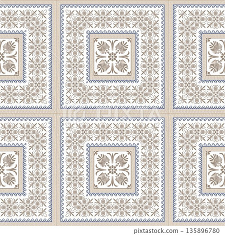 Seamless pattern in traditional greek style. Ideal for printing onto fabric, paper, tile, porcelain, textiles, embroidery, carpet, shawl, pillow, cushion, Mediterranean ceramic. Vector illustration 135896780