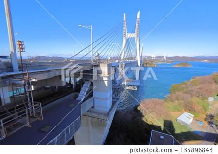 The railway tracks and scenery from the Setouchi Ohashi Bridge, a combined railway and road bridge (Honshu Main Line) The railway tracks and scenery from the Setouchi Ohashi Bridge, a combined railway and road bridge (Honshu Main Line) 135896843