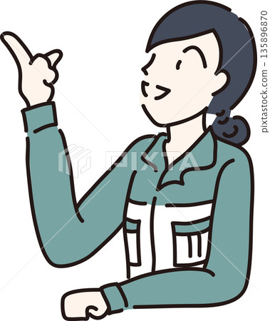 圖:一位身穿工作服的女性正在構思想法——綠色制服 圖:一位身穿工作服的女性正在構思想法——綠色制服 135896870