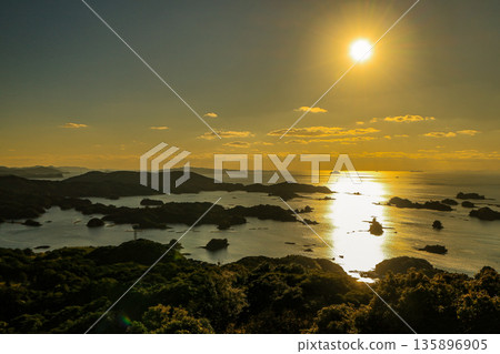 Sasebo City, Nagasaki Prefecture - View of the Kujukushima Islands at sunset from Ishidake Observatory, the filming location for The Last Samurai 135896905
